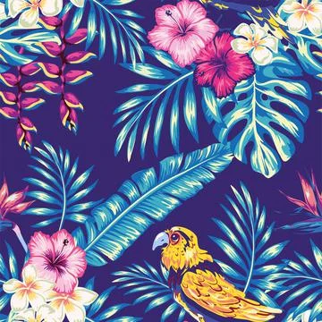 Hand-drawing seamless pattern with tropical birds on the background of exotic Stock Illustration