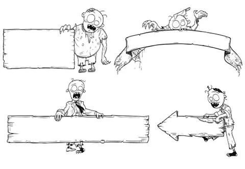 Hand Drawing Set of Halloween Frames with Cartoon Zombies 스톡 일러스트