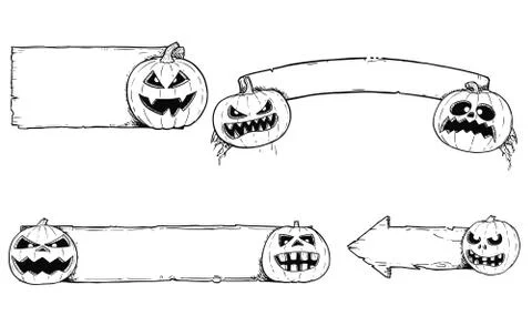 Hand Drawing Set of Halloween Frames with Cartoon Pumpkin Stock Illustration