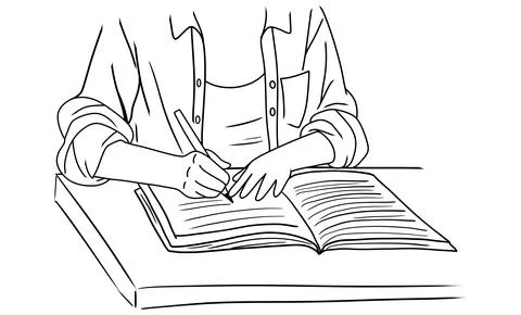 Hand drawing sketch of a book, Line drawing of a woman writing イラスト素材