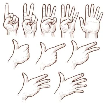 Hand drawing sketch man hands showing numbers vector doodle set Stock Illustration