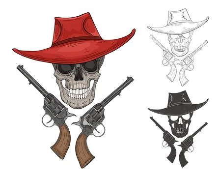 Hand drawing of a skull with a hat and two pistols Stock Illustration
