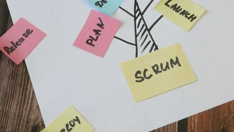 Hand drawing software scrum agile  tree in board with paper task concept Stock Footage 232610596