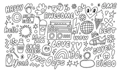 Hand drawing styles for retro items. Doodle set 스톡 일러스트