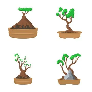 Hand drawing styling different japanese bonsai trees art Stock Illustration