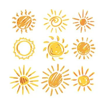 Hand drawing sun icon set representing summer 스톡 일러스트