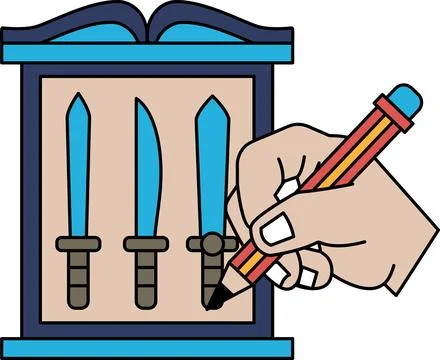 A hand is drawing a sword on a piece of paper Stock Illustration