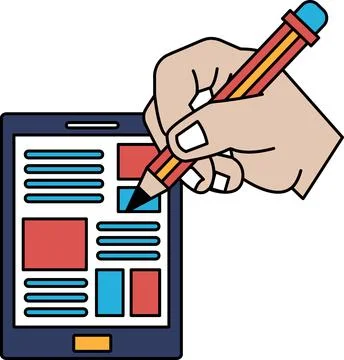 A hand is drawing on a tablet with a pencil 스톡 일러스트