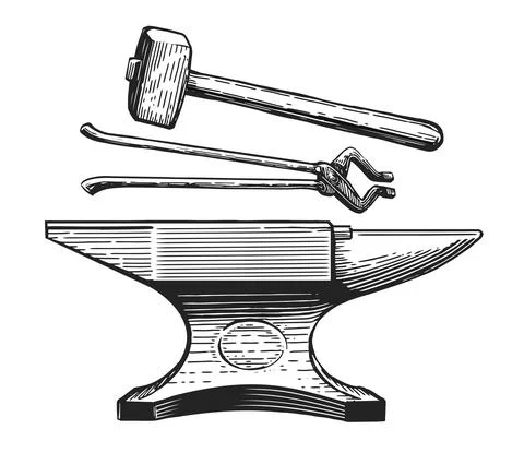 Hand drawing tools anvil hammer pliers. Blacksmith craft sketch. Metalworking Stock Illustration