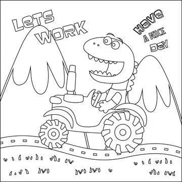 Hand drawing tractor and worker dinosaur print design, Stock Illustration