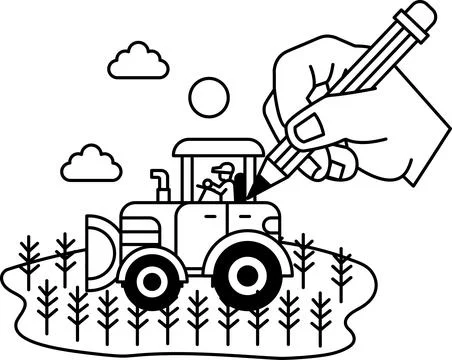 A hand is drawing a tractor on a field Stock Illustration