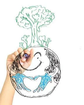Hand drawing tree on earth . Stock Photos
