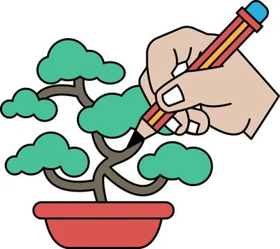 A hand is drawing a tree with a pencil in a small pot Stock Illustration