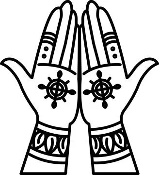 The hand drawing is of two hands with a cross and a wheel on them Illustrazione stock