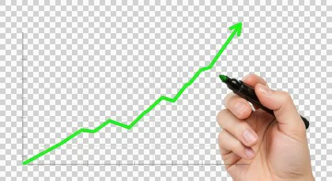 Hand drawing an upward trending graph with a green marker on a white backgr.. Stock Photos