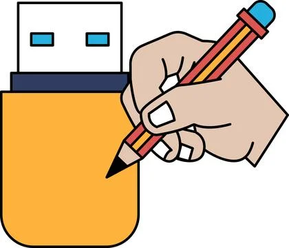 A hand is drawing on a USB flash drive Illustrazione stock