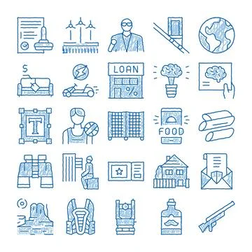 Hand drawing various doodle icons collection presenting topics Stock Illustration