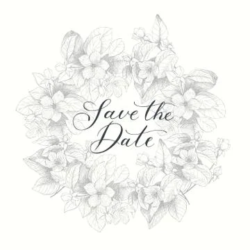 Hand drawing vector Save the date phrase. Vintage floral background Stock Illustration