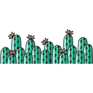 Hand drawing vector seamless border with cactus. Bright green colors . Stock Illustration