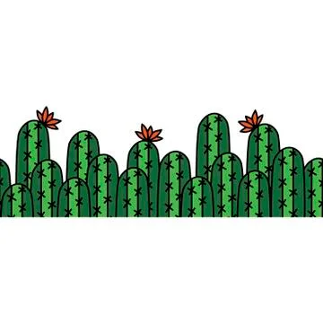 Hand drawing vector seamless border with cactus. Bright green colors . Stock Illustration