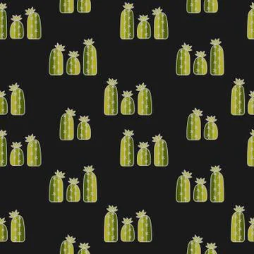 Hand drawing vector seamless pattern with cactus on black background . 스톡 일러스트