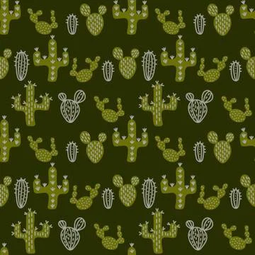 Hand drawing vector seamless pattern with cactus on dark background . 스톡 일러스트