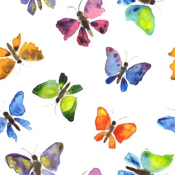 Hand drawing watercolor seamless pattern of butterflies on white background. Stock Illustration