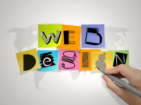 Hand  drawing web design on sticky note and world map background as concept Stock Illustration