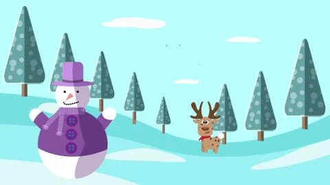 A hand drawing winter scene with deer and snowman Illustration