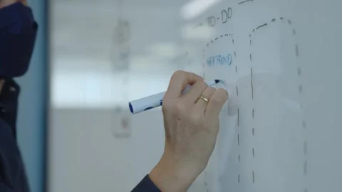 Hand drawing wireframe with laptop on whiteboard, close-up of app design Stock Footage 314371331