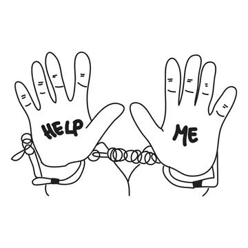 Hand drawing with words help and me on palms Ilustración de archivo