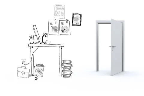Hand-drawing workspace sketch blending into 3D-rendered open white door on white 库存插图