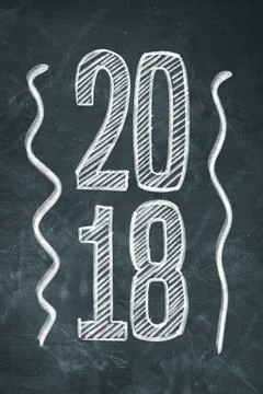 Hand drawn 2018 in chalk framed by wavy lines on a dark blackboard Stock Illustration