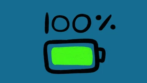 Hand Drawn 2D Animated Battery Fully Charged 100 Percent Icon on Blue Background Stockbeeldmateriaal 341310553