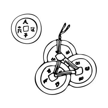 Hand drawn 3 chines coins connected with ribbon Stock Illustration