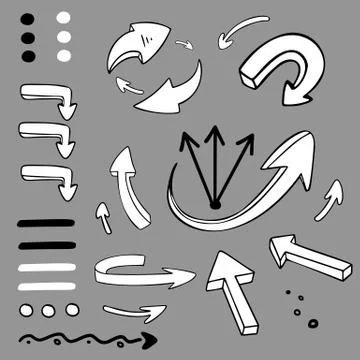 Hand drawn 3D vector arrow collection. Doodle arrows. Stock Illustration
