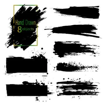 Hand Drawn 8 objects. Set of   brushes and design elements. Black paint, ink イラスト素材