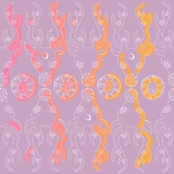 Hand drawn abstract deer head with a Crescent and diamante vector seamless pa Stock Illustration