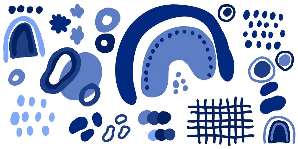 Hand-drawn abstract design elements in blue tones. Blue pattern of lines and Stock Illustration
