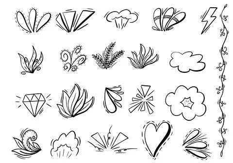 Hand drawn abstract doodle elements set heart diamond cloud flowers sparkle l Stock Illustration