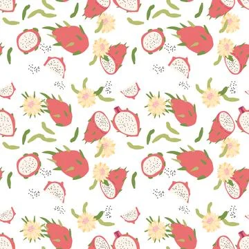 Hand drawn abstract dragon fruit pattern with plant parts and sliced food. Cute Illustrazione stock
