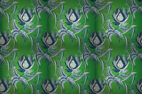 Hand drawn abstract fancy elements. Vintage flowers. Green, neutral and blue col Illustrazione stock