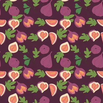Hand drawn abstract fig pattern with plant parts and sliced food. Cute 스톡 일러스트