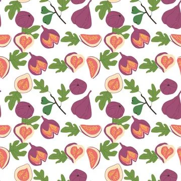 Hand drawn abstract fig pattern with plant parts and sliced food. Cute Stock Illustration