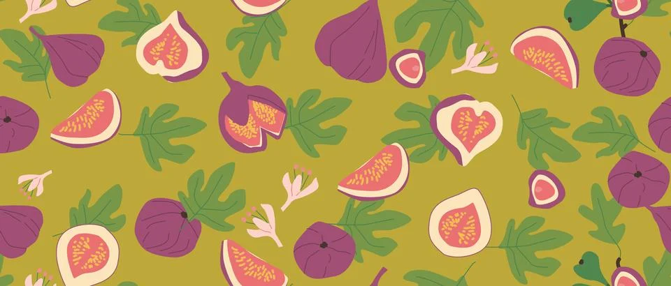 Hand drawn abstract fig pattern with plant parts and sliced food. Cute 스톡 일러스트