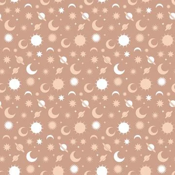 Hand drawn abstract flat graphic seamless pattern with celestial moon, sun and Stock Illustration