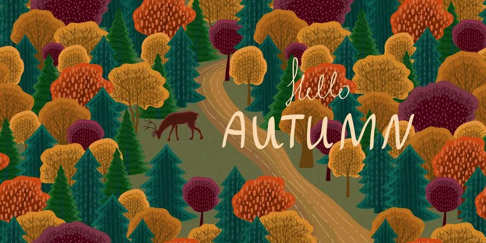 Hand drawn abstract forest with a forest path and a deer in a clearing. Stock Illustration