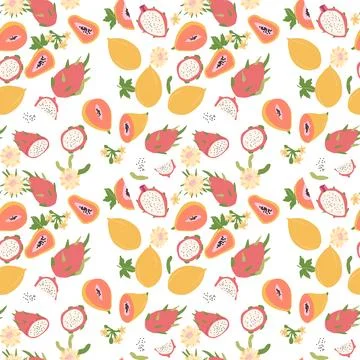 Hand drawn abstract fruit pattern with plant parts and sliced food. Cute Stock Illustration