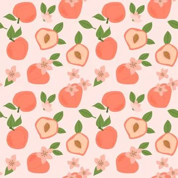 Hand drawn abstract fruit peach pattern with plant parts and sliced food. Cute Stock Illustration