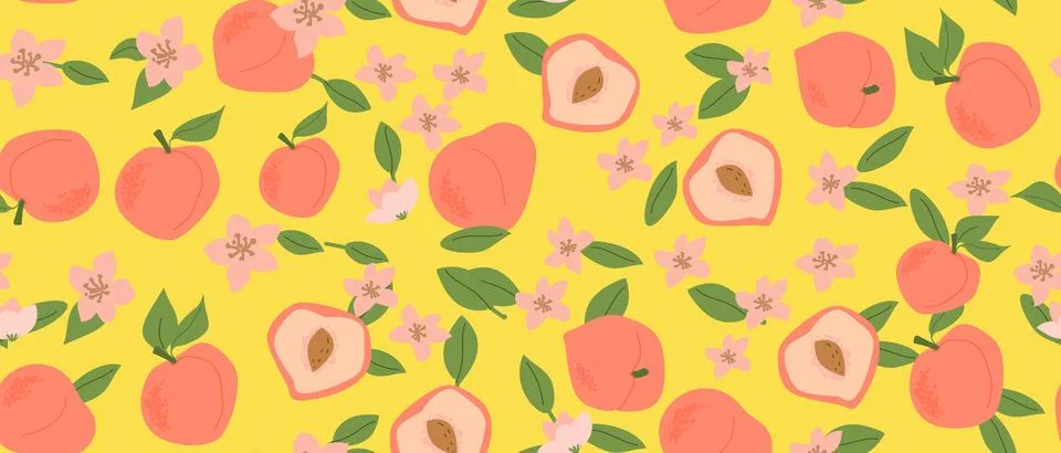 Hand drawn abstract fruit peach pattern with plant parts and sliced food. Cute Stockillustratie